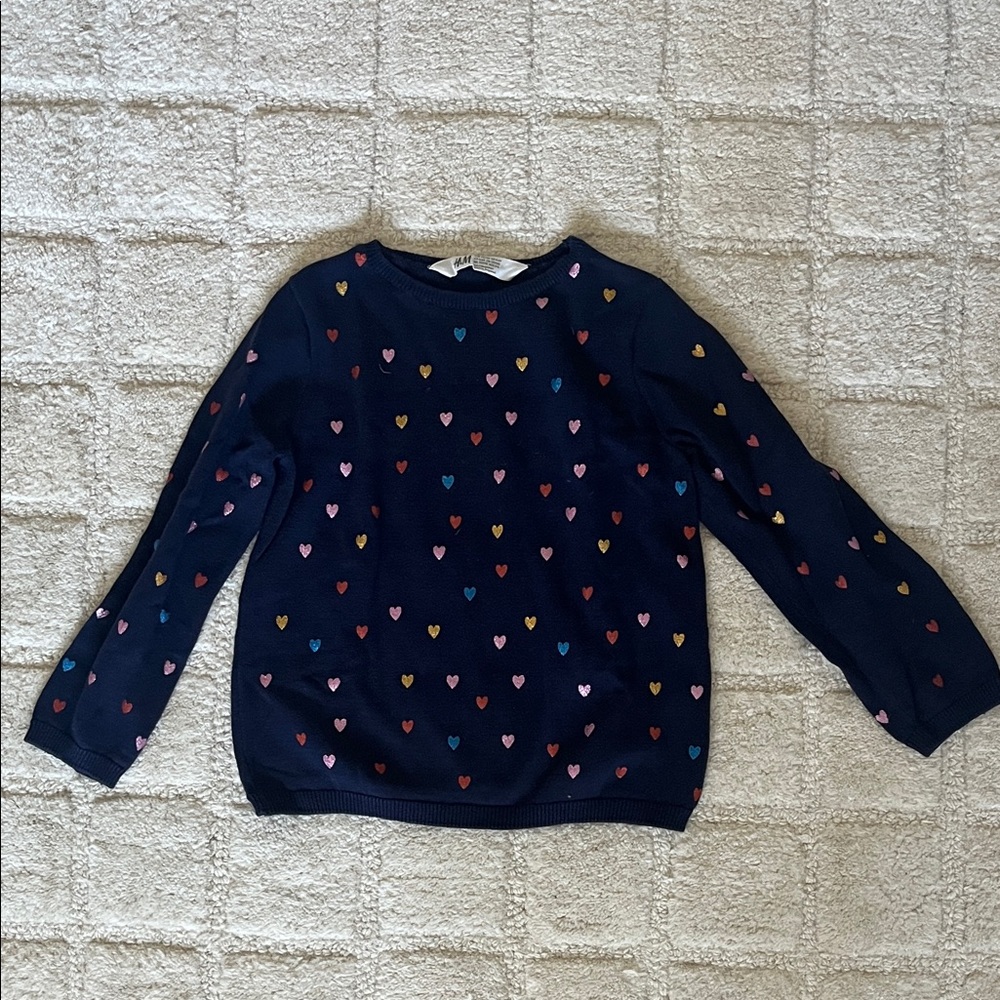 H&M Navy Sweater with Colorful Hearts Size 4-6